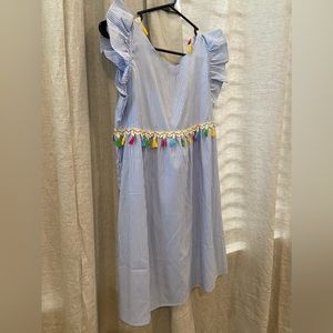 SHEIN Baby Blue Striped Tie Back Fringe Smock Dress. M